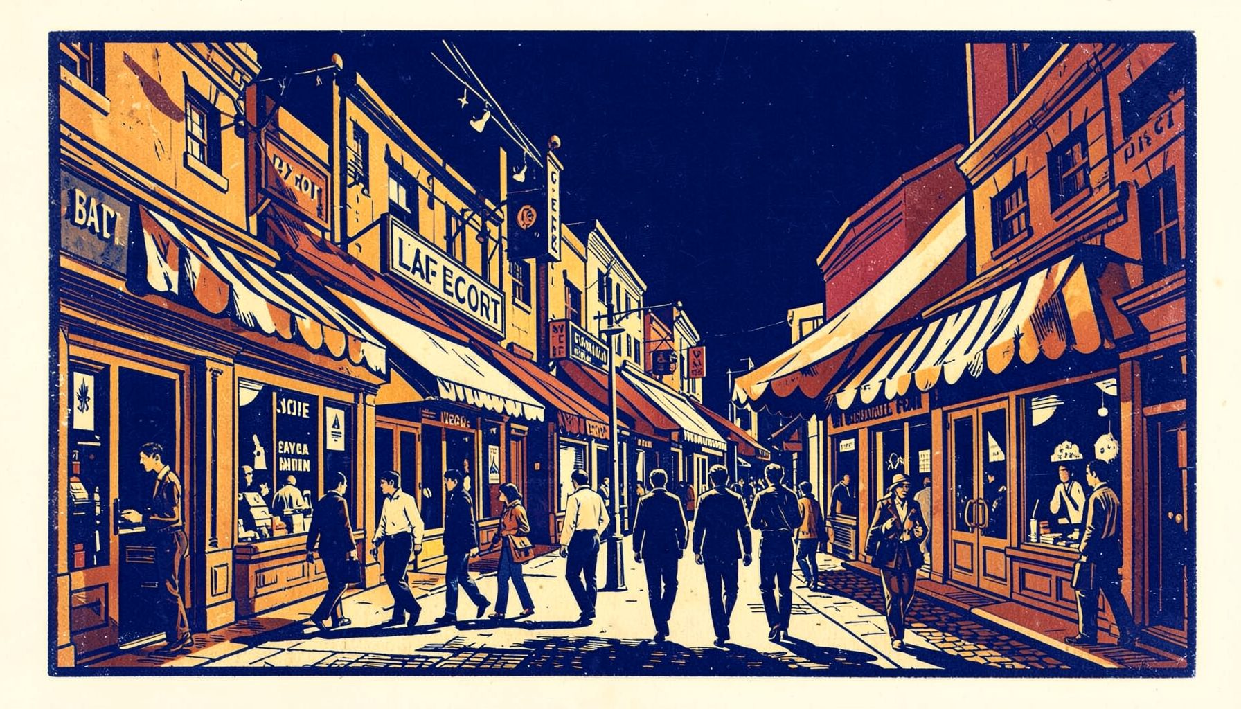 A carved linocut relief print of a bustling shopping street with shopfronts, hanging signs, and shoppers strolling beneath striped awnings. Warm ochre, brick red, and cream tones against a deep navy sky.