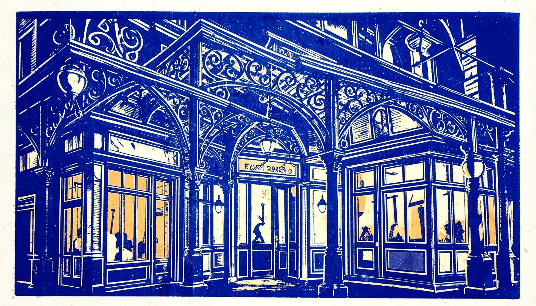 A carved linocut relief print of a Victorian-style shopping arcade with ornate ironwork, hanging globe lamps, and shop windows glowing in warm amber and cream tones.