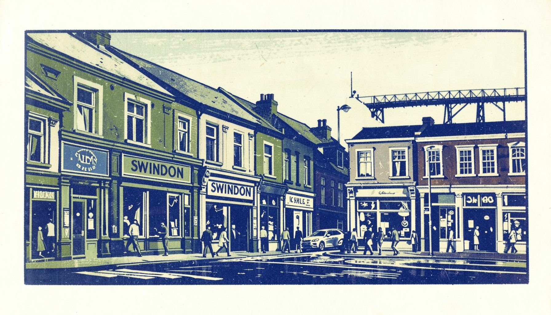 A linocut relief print in muted navy, olive green, and cream tones showing a row of Swindon shopfronts and office buildings with a subtle railway viaduct in the background, conveying a busy local high street under a pale sky.