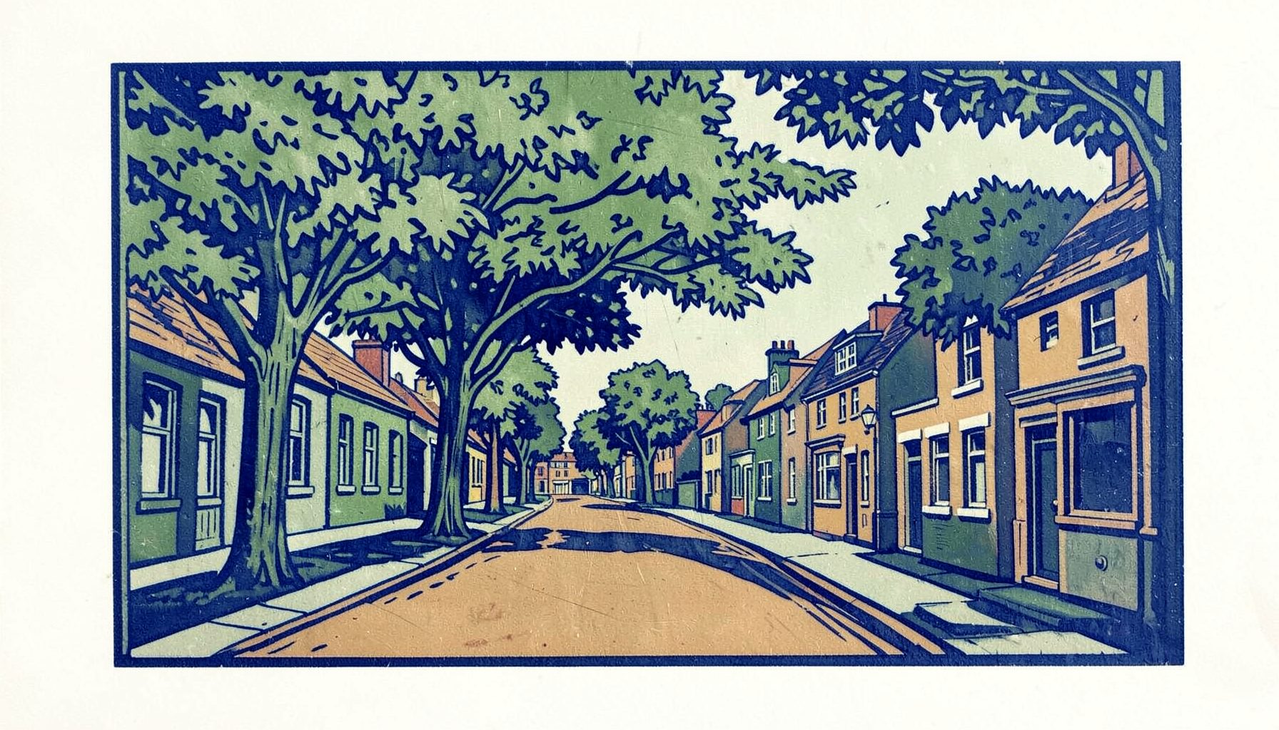 A carved linocut relief print of a quiet Swindon neighbourhood with mature trees lining the pavement, rendered in muted greens and warm sandstone tones