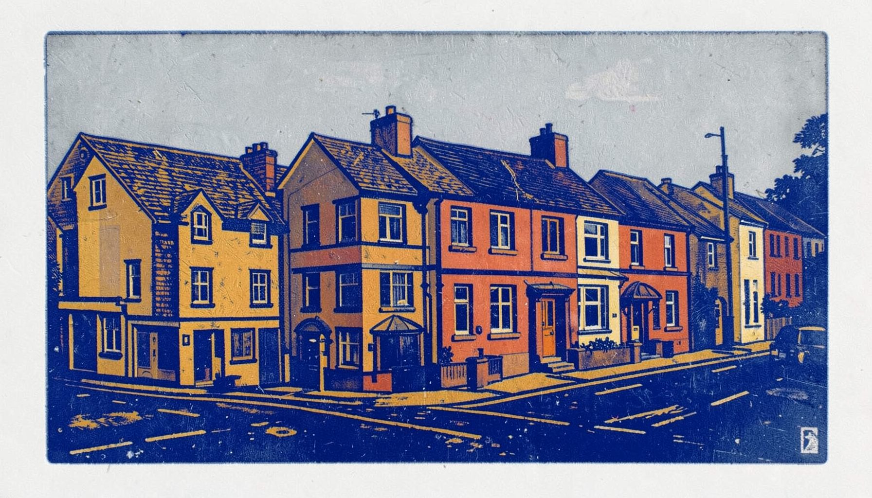 A carved linocut relief print of a row of terraced houses in Swindon, warm ochre and brick-red tones against a soft grey sky, with a quiet residential street in the foreground