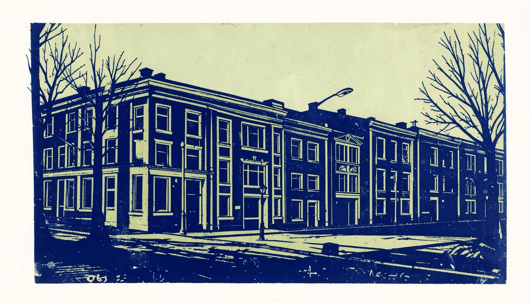 A linocut relief print in deep navy and olive tones showing a row of modest office buildings with large windows, a streetlamp casting long shadows, and a few bare winter trees silhouetted against a pale sky