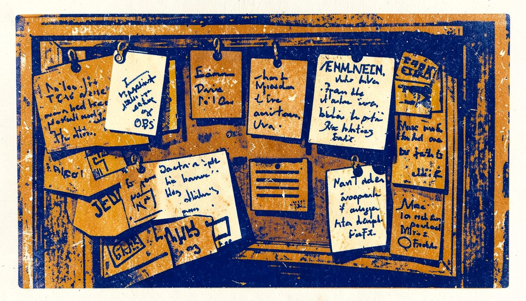 A linocut relief print of a community noticeboard pinned with handwritten cards and flyers, rendered in warm ochre, deep navy, and cream tones against a textured background