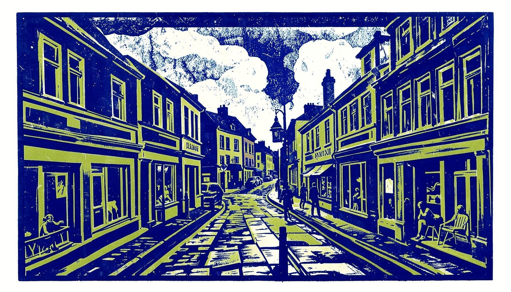 Linocut relief print of a town centre shopping precinct in navy blue with olive green accents, bold carved shapes of storefronts, lively civic mood