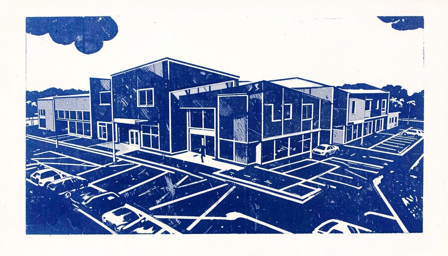 Linocut relief print of an out of town retail park in navy blue and grey, angular carved building blocks and car park lines, functional mood