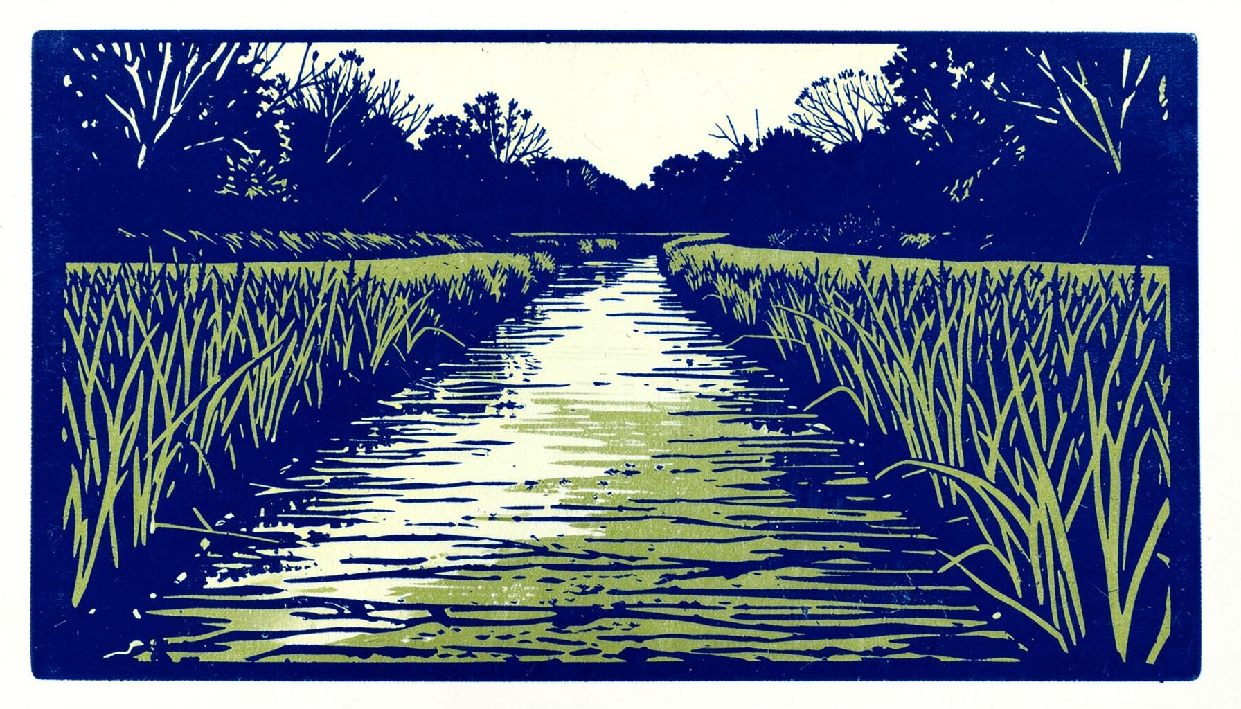 Linocut relief print of a canal towpath in navy blue and olive green, carved reeds and still water lines, quiet reflective mood
