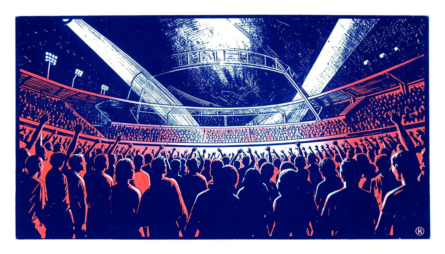 Linocut relief print of a football stadium terrace in navy and red, carved crowd silhouettes under floodlight beams, energetic mood