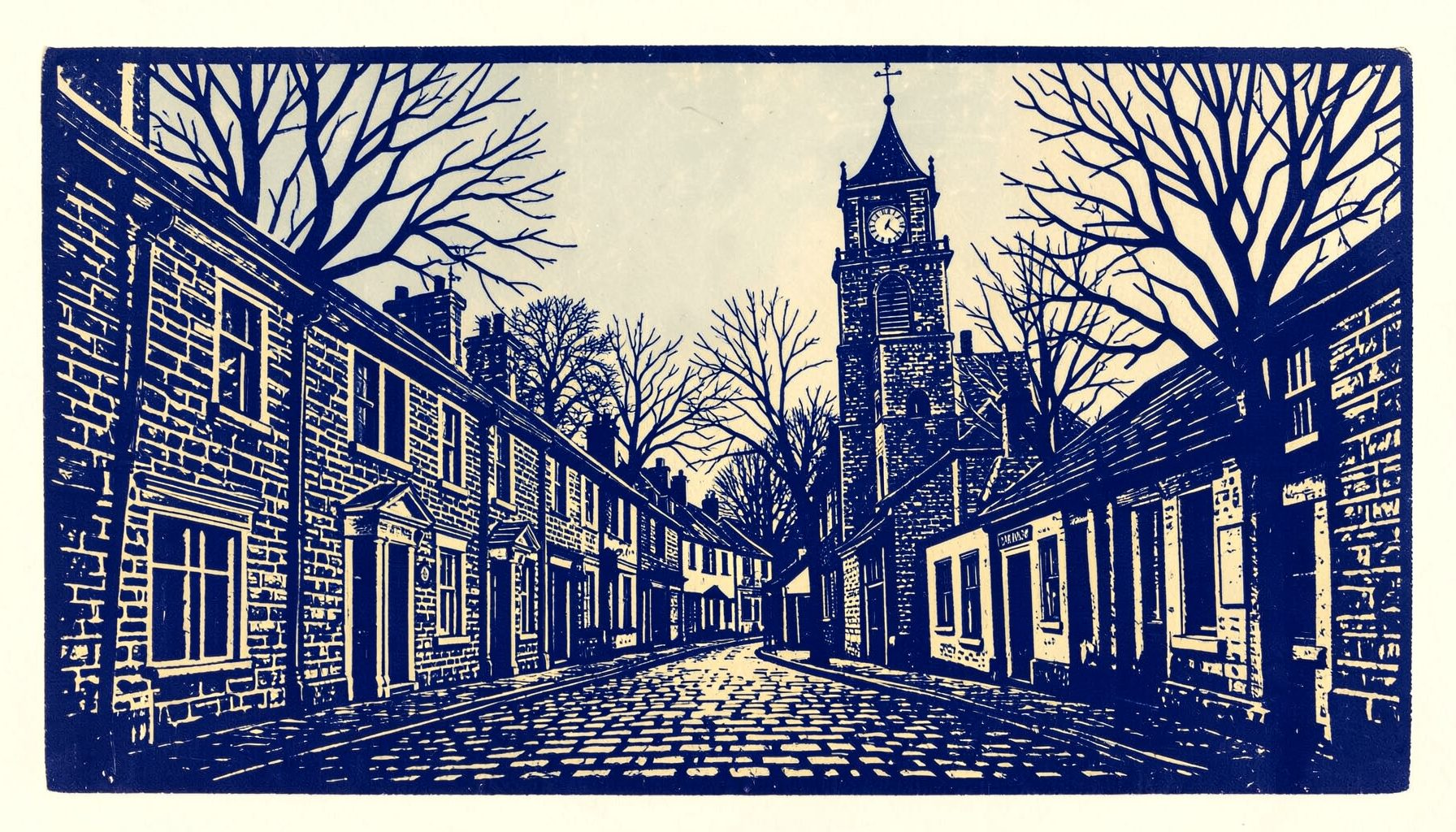 A linocut relief print of a Wiltshire market town street scene with stone buildings, a clock tower, and bare winter trees under a pale grey sky, rendered in deep navy blue and warm cream tones
