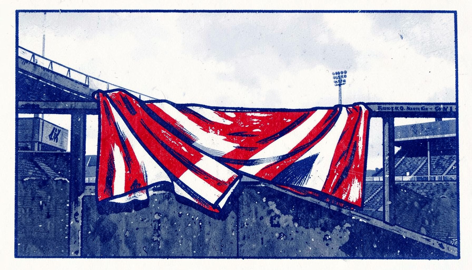 A carved linocut relief print of a football scarf draped over a stadium railing, bold red and white stripes against dark grey concrete, with a soft overcast sky behind