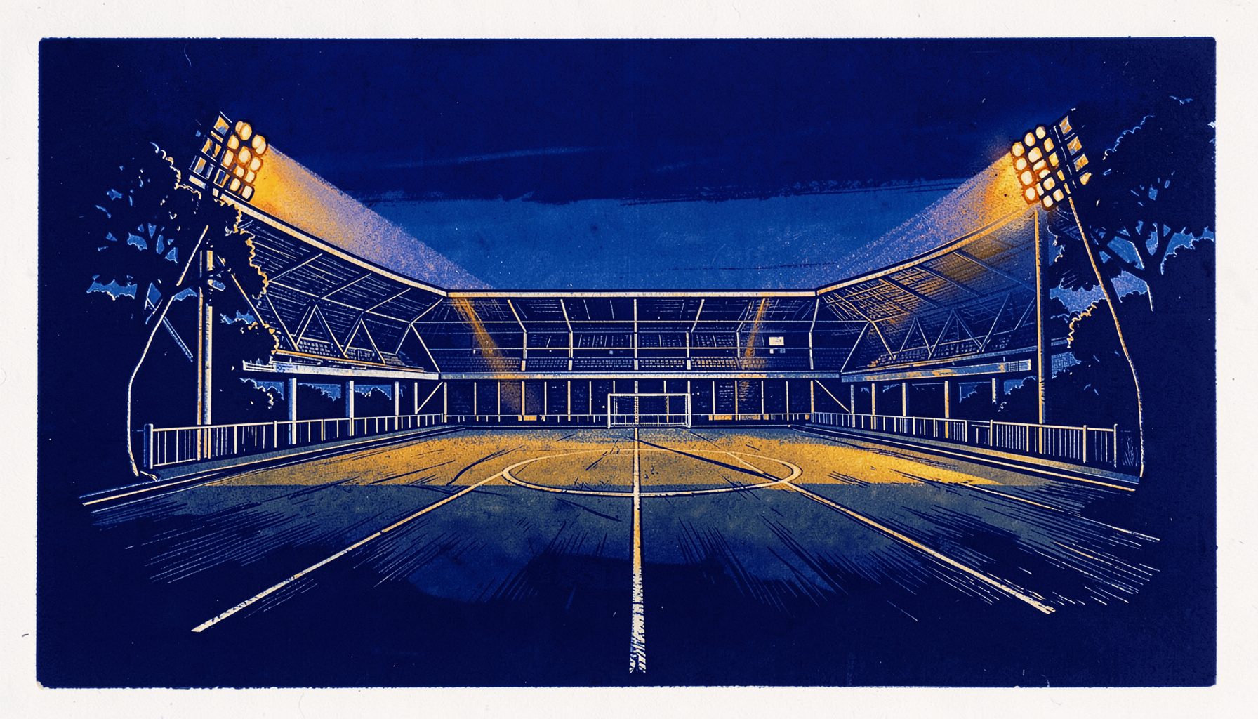 A carved linocut relief print of a floodlit football stadium at dusk, with deep navy sky and warm amber floodlights casting long shadows across the pitch, framed by silhouetted trees