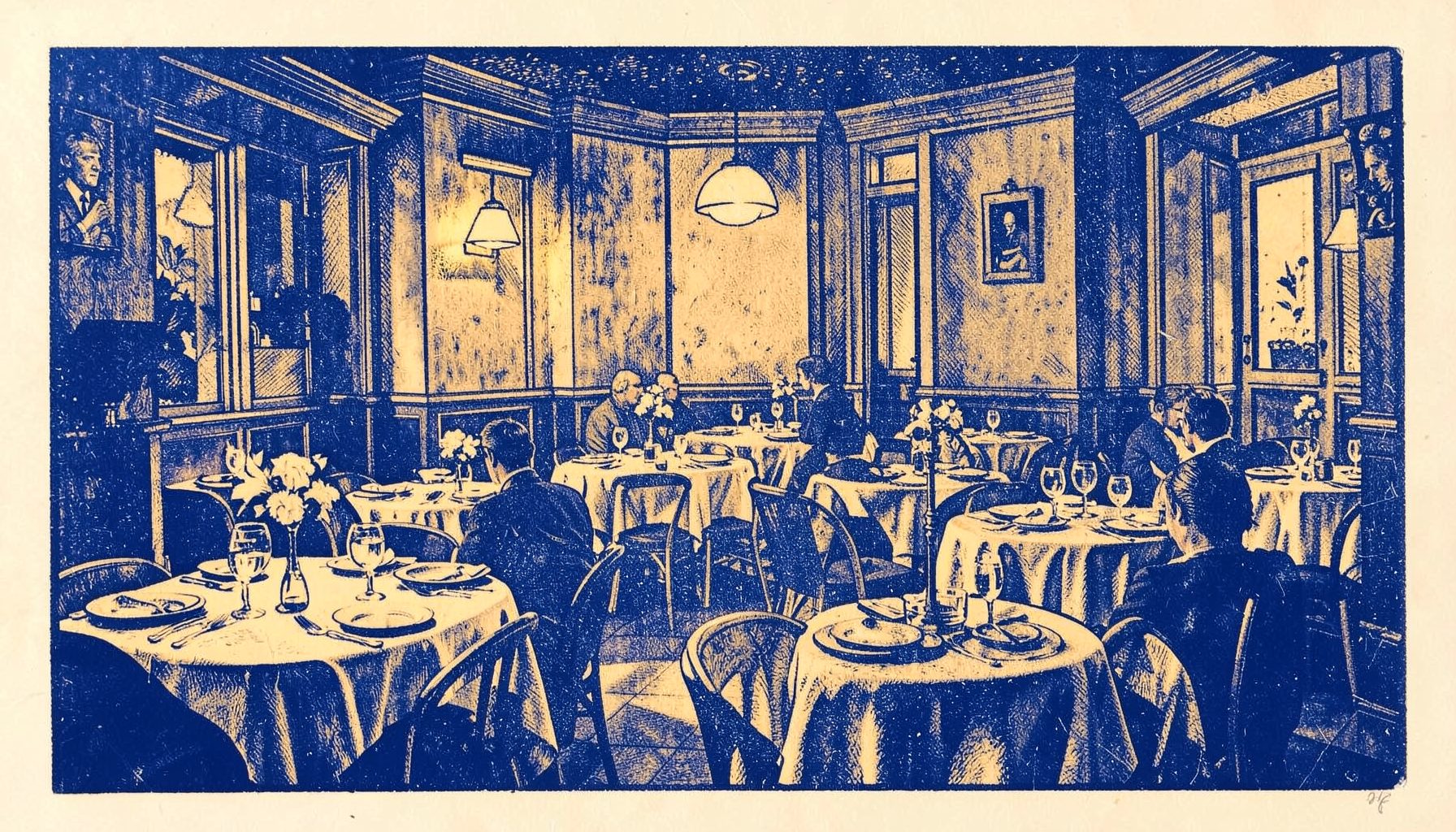 A carved linocut relief print of a warmly lit restaurant interior at night, with tables set for dinner, soft amber and cream tones, and gentle shadows across the scene