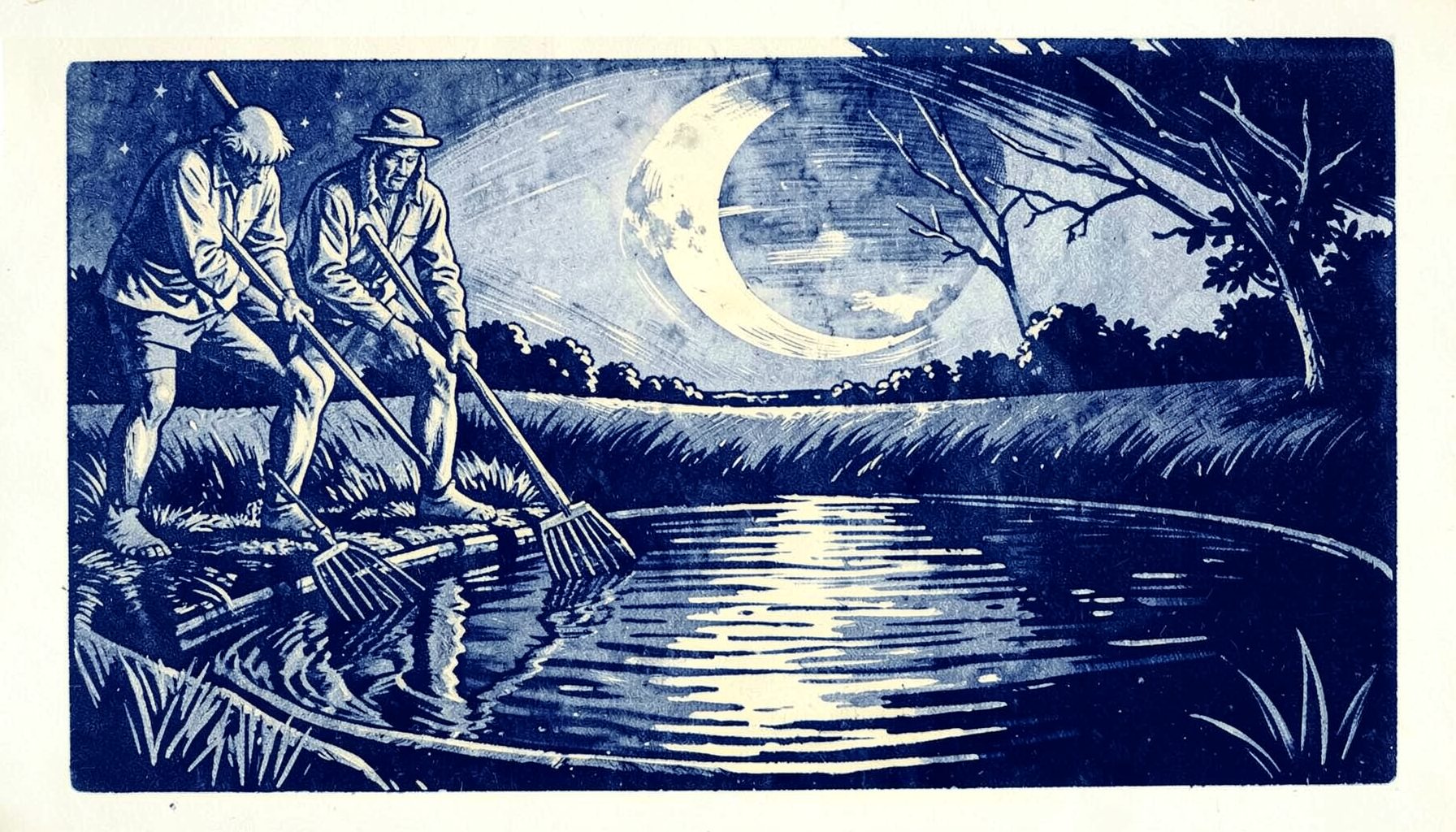 A carved linocut relief print of the Moonrakers legend: two figures with rakes beside a moonlit pond, the moon's reflection rippling on dark water. Silvery greys, deep indigo, and pale cream highlights.