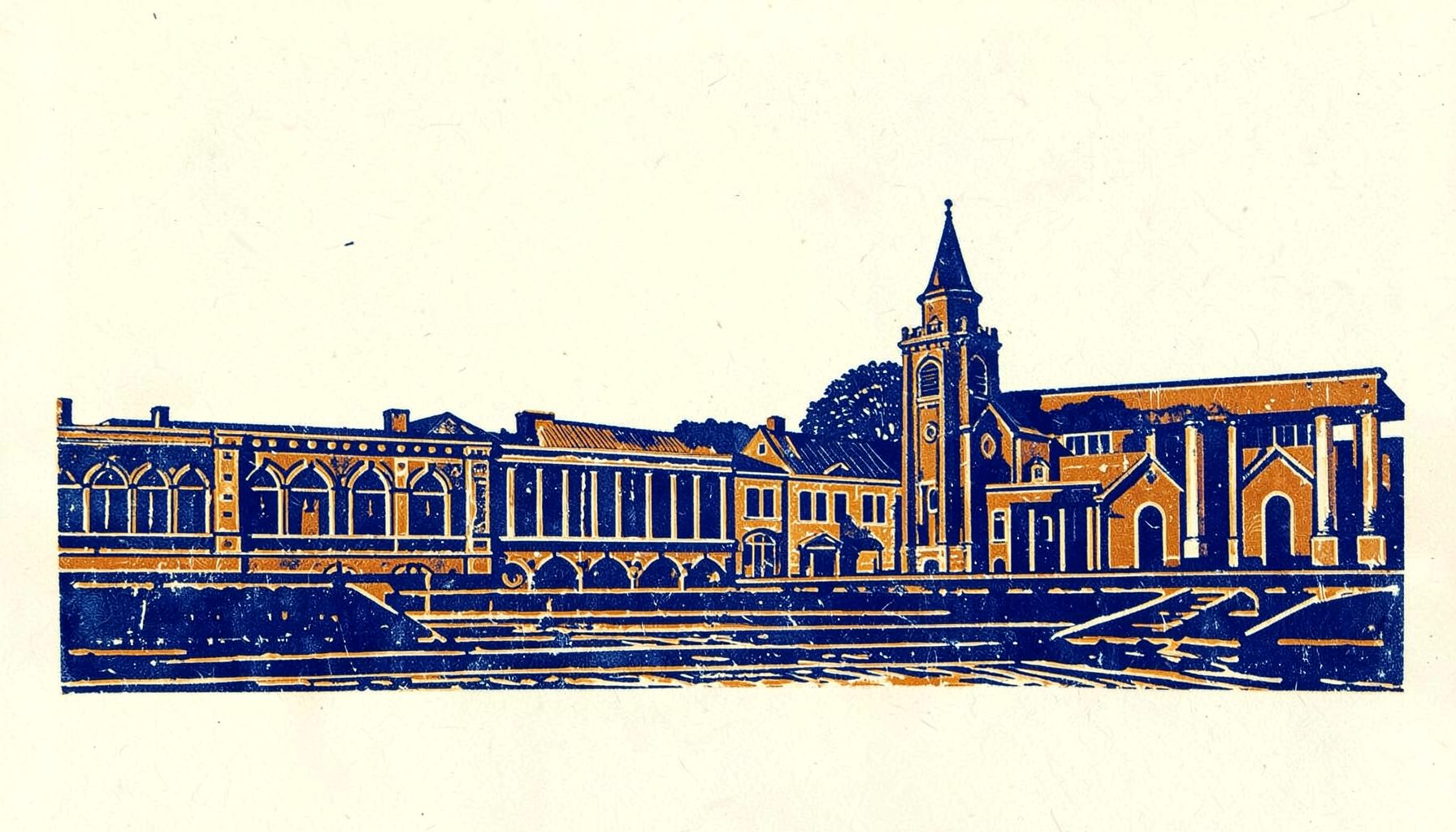 A linocut relief print of the Swindon skyline with the historic railway buildings and modern structures side by side, rendered in deep navy blue and warm ochre tones against a pale cream sky, with bold carved lines and a textured hand-printed feel.