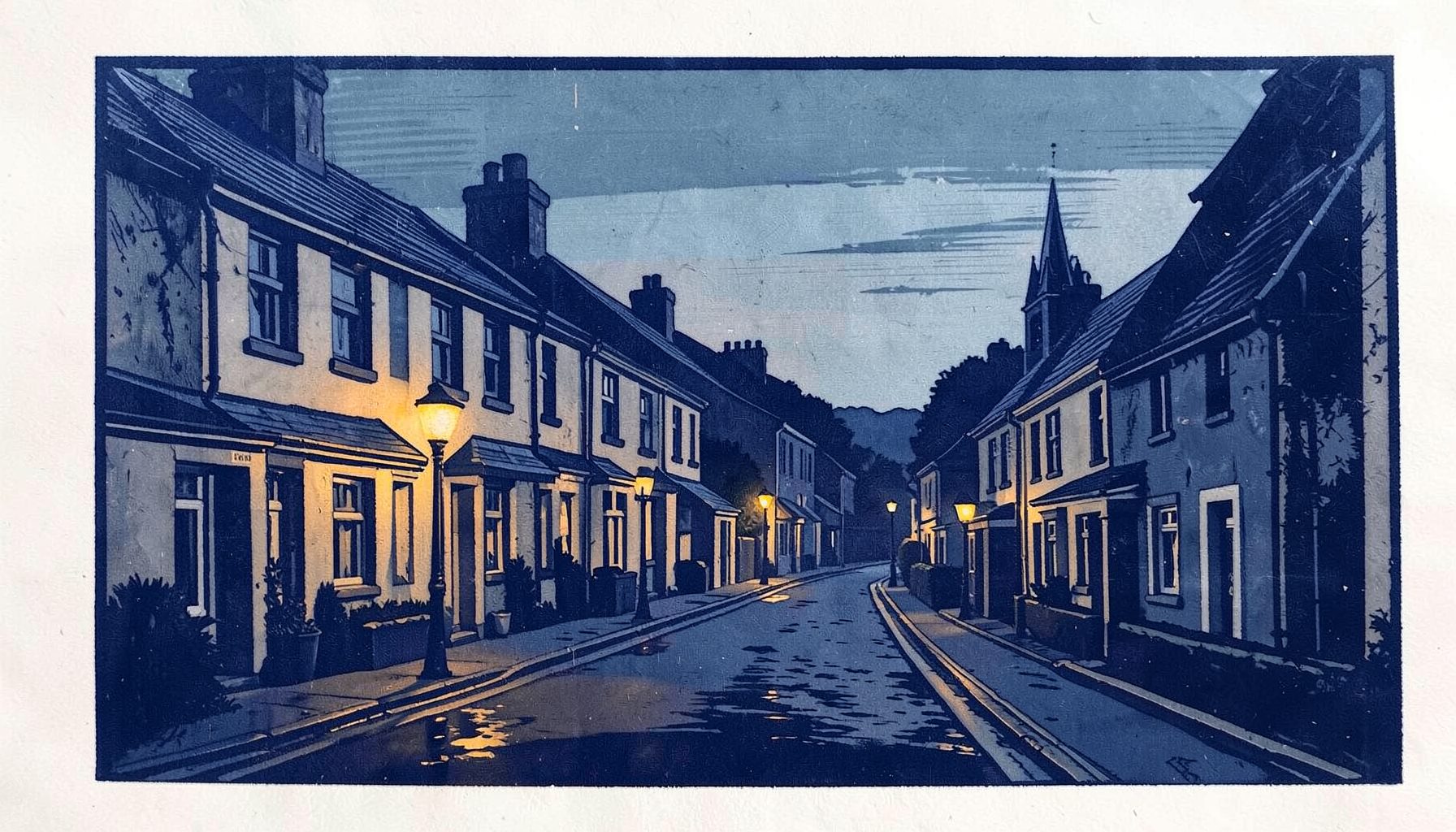 A carved linocut relief print of a quiet Swindon residential street at dusk, with terraced houses, streetlamps casting warm pools of light, and a church spire in the distance. Deep navy blues, warm ochres, and soft grey tones.