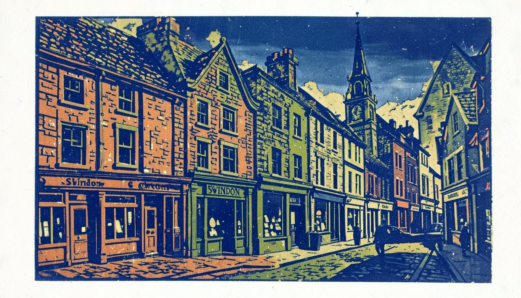 A linocut relief print of a bustling Swindon street scene with historic stone buildings, shopfronts, and a church spire, carved in warm terracotta, olive green, and navy, with strong graphic shadows and a hand-inked texture.
