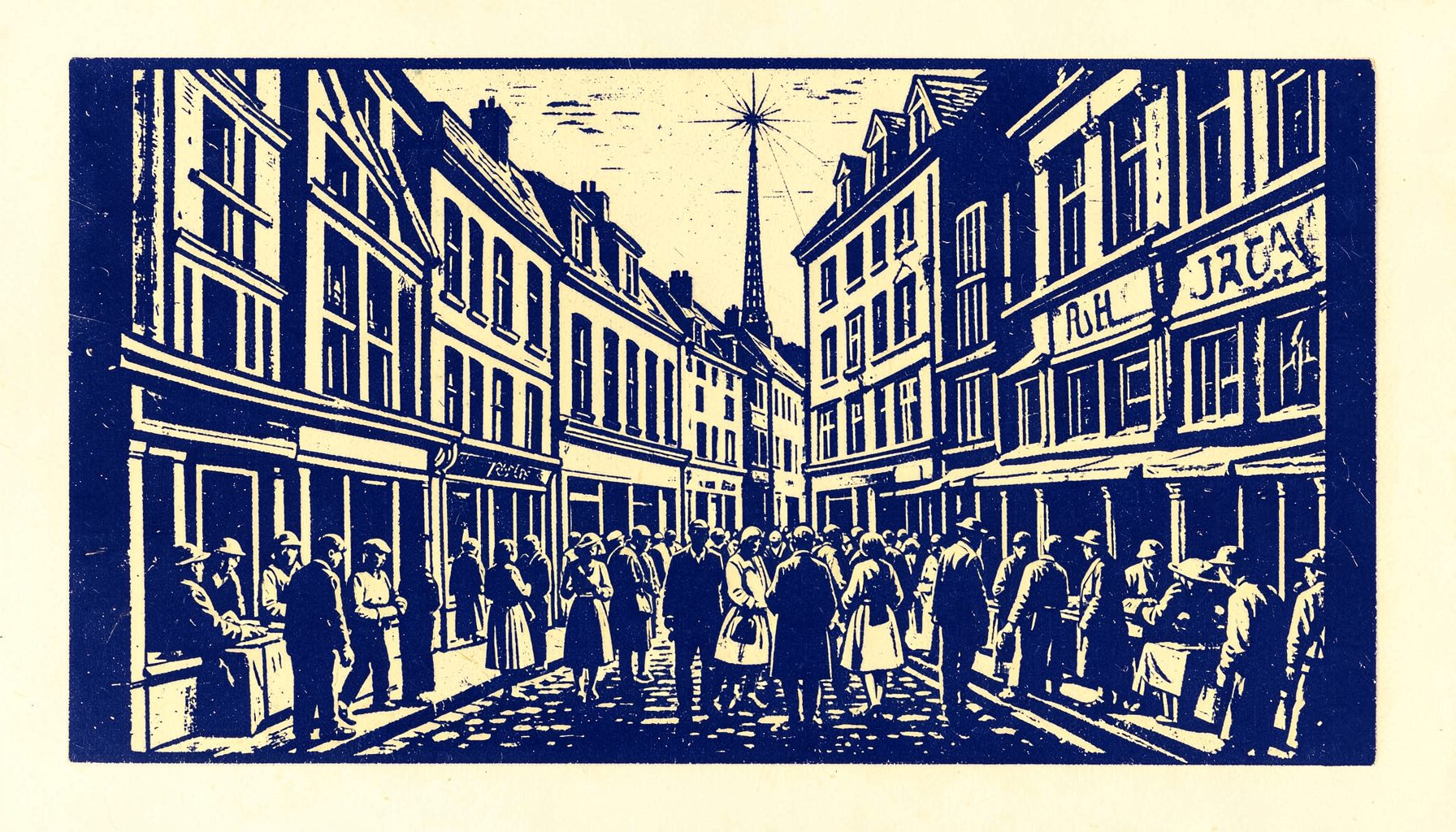 A carved linocut relief print of a town centre street in deep navy blue and cream tones, with tall shopfronts, a market crowd rendered in bold graphic strokes, and an overall warm, civic mood