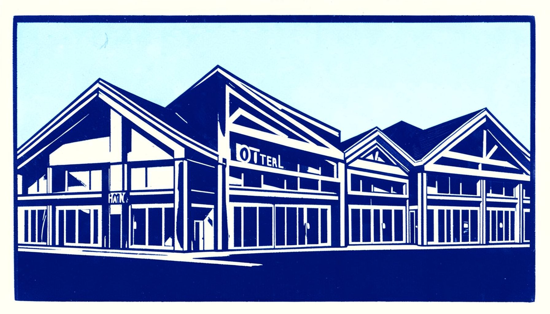 Linocut relief print of a designer outlet retail row in navy and white, geometric carved rooflines against a plain sky, tidy modern mood