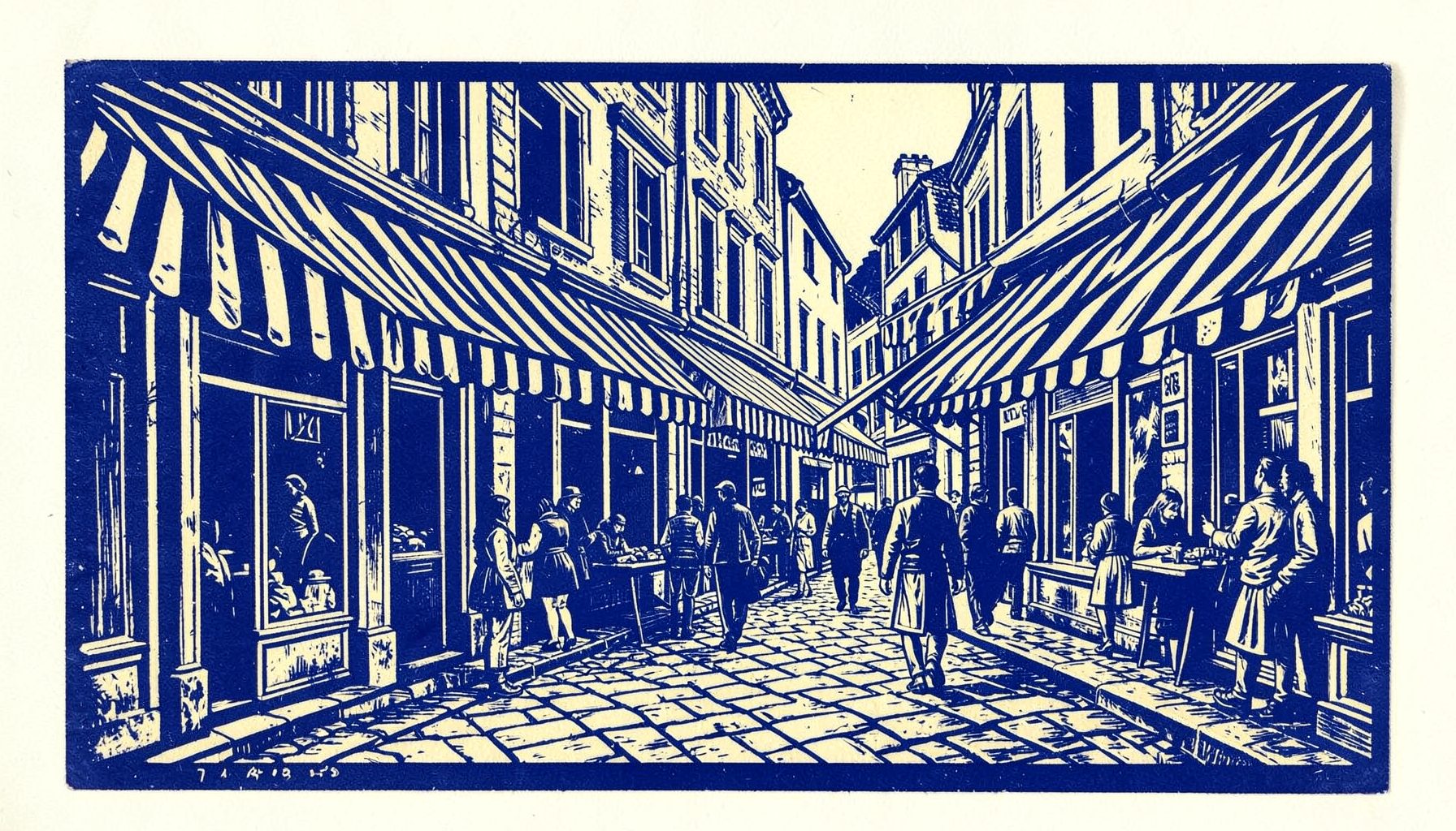 Linocut relief print of an old town shopping street in navy and cream, carved lines forming striped awnings and a busy pavement, calm and traditional mood